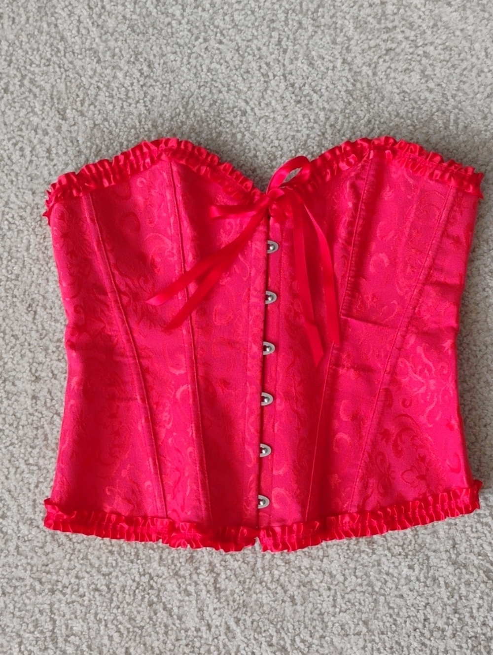 Red Satin Jacquard Overbust Corset Top Ruffle Trim Size Like New Size XXL